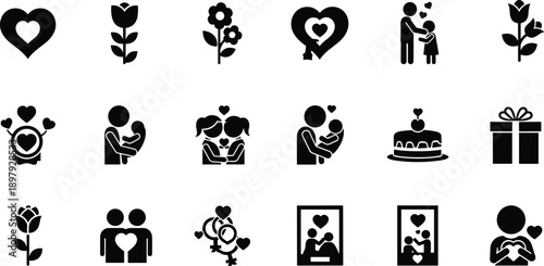 Collection of black silhouette representing love family and celebrations heart flower tulip rose family parent and child baby couple same couple gift box cake love symbol