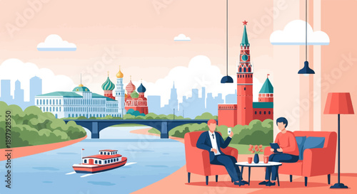 Two men relaxing in armchairs with city skyline and river scene