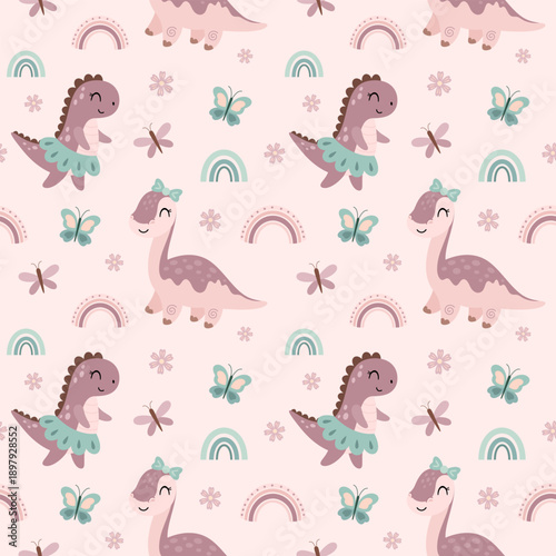 Girly seamless pattern with coquette dinosaurs, butterflies, flowers and rainbows. Cute kids summer background, Jurassic character vector illustration.