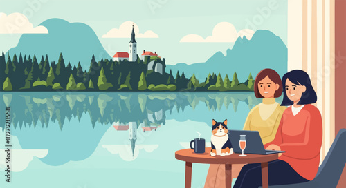 Serene lake backdrop with two women and a cat at a cafe