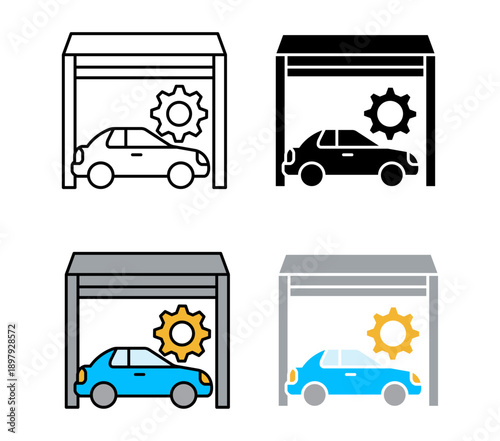 auto repair garage icons. car garage repair service icons with vehicle and maintenance gear