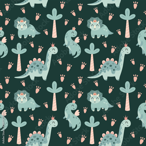 Cartoon dinosaur girl seamless pattern. Cute dino princess, Prehistoric animal background, Jurassic character illustration, Kids vector design.