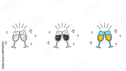 champagne glasses toast icons. celebration toast with champagne glasses icons set for party and anniversary