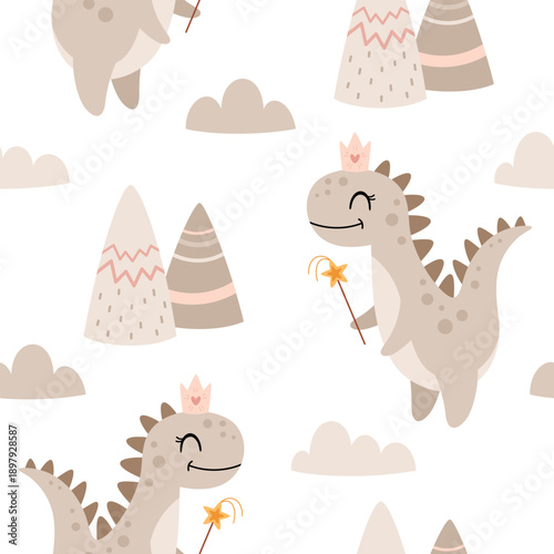 Kids seamless pattern with dinosaur girl, mountains and clouds. Cute dino fairy, princess, Prehistoric animal background, Jurassic character vector illustration.