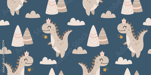 Kids seamless pattern with dinosaur girl, mountains and clouds. Cute dino fairy, princess, Prehistoric animal background, Jurassic character vector illustration.