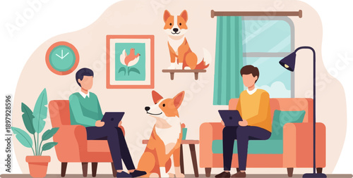 Two men relaxing indoors with their dogs, using laptops
