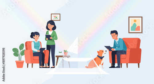 Two people and a dog in a bright, abstract living room with rainbow light