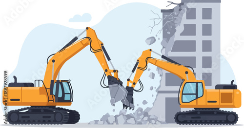 Two excavators demolish a building, breaking concrete and scattering debris