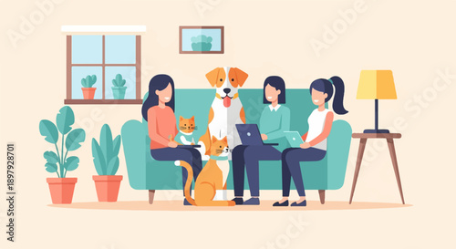 Three women and pets relaxing on sofa, using laptops, in a cozy room