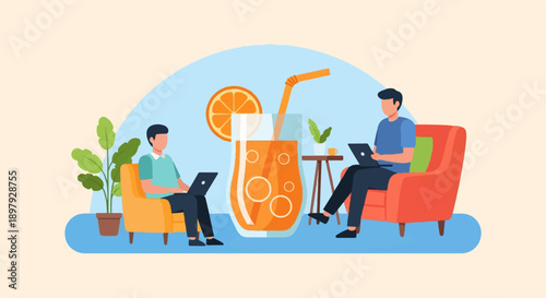 Two men sit comfortably in armchairs, working on laptops with a large orange drink