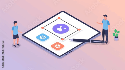 Two figures interact with a large tablet displaying creative icons and a design frame