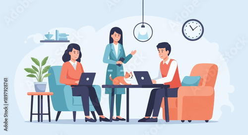 Three people and a cat collaborate on laptops in a cozy, modern office