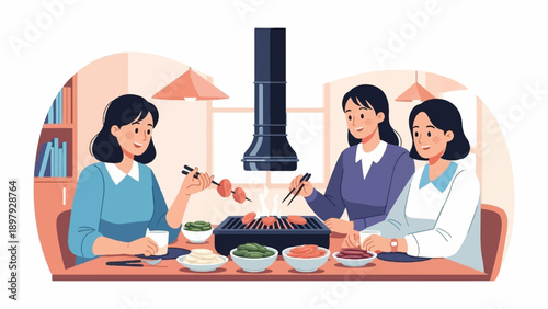 Three women enjoying a Korean BBQ meal together, grilling meats and vegetables