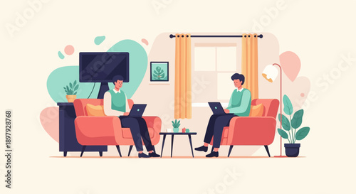 Two men sit in armchairs with laptops on their laps in a room