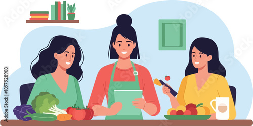 Three women preparing food together in a kitchen