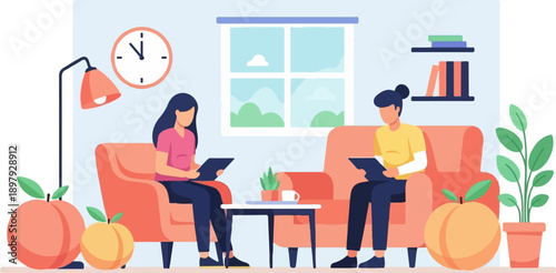 Two individuals sit on chairs, engrossed in tablets, in a cozy room