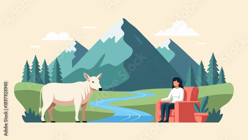 Serene mountain landscape with a cow, river, trees, and a seated person