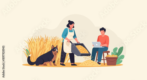 Two people and a dog in a field with harvested grain