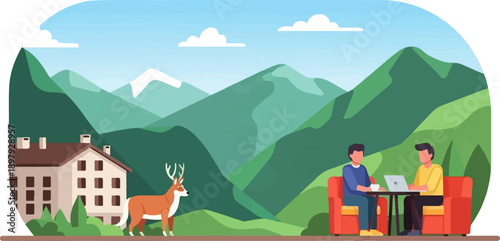 Two men with laptop and coffee sit in outdoor cafe by mountains, deer nearby