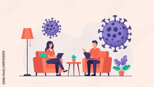 Two individuals sit on sofas, each with a laptop, surrounded by virus icons