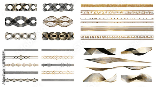 Decorative gold dividers borders and flowing ribbon elements with metallic textures. Elegant design accents perfect for luxury branding invitations typography and refined graphic layouts.