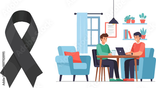 Two men work on laptop and drink coffee in cozy room with a black ribbon