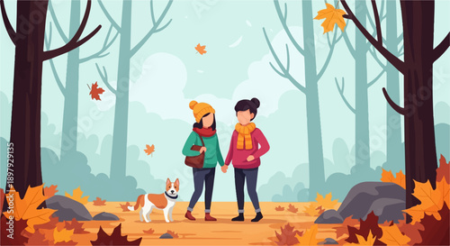 Two friends and a dog walk through a forest in autumn