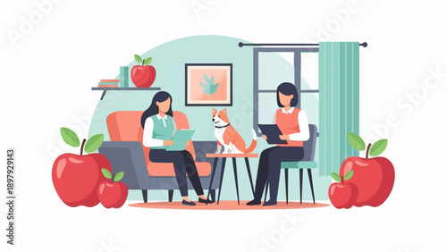 Two people and a dog in a room with apples