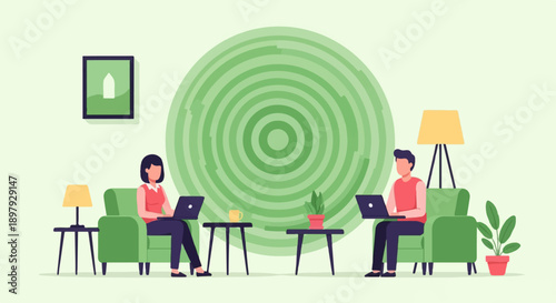 Two individuals work on laptops in a calm room, with a circular pattern behind them