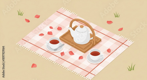 Tea Time on Pink Plaid Blanket with Petals