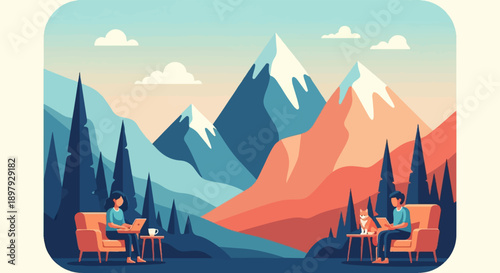 Serene mountain vista with people and pets enjoying nature and technology