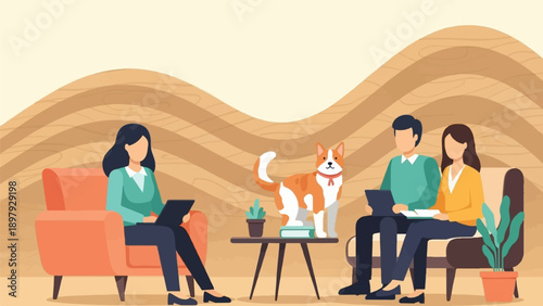 Three people and a dog in a room with modern furniture