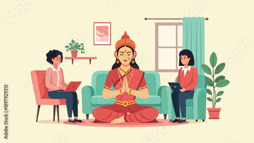 Serene spiritual figure mediates while two women work on laptops indoors