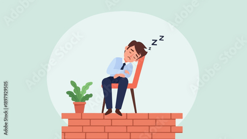 Tired man in a suit asleep on a chair next to a plant, with zzzs above his head