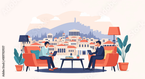 Two men working on laptops on couches with city backdrop