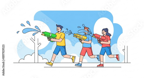 Three People Having Water Gun Fight on White Background