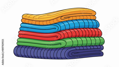 Stack of neatly folded colorful blankets, yellow, blue, red, green, purple