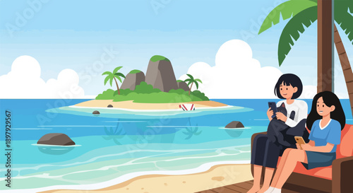 Two friends relaxing with their pets on a tropical island beach vacation