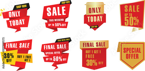 Collection of various red and gold promotional banners featuring sale discounts limited time offers and special deals.