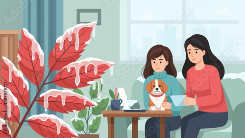 Two friends share a cozy moment with a puppy indoors near a frosty plant