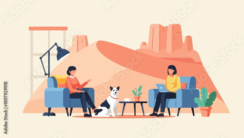 Two people and a dog relax in a living room with a desert landscape backdrop
