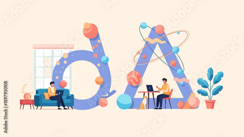 Two individuals working remotely with a dog and plant, surrounded by abstract shapes