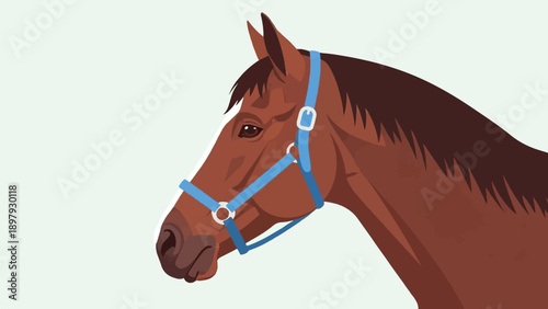 Side profile of a brown horse with a blue halter on a pale green background