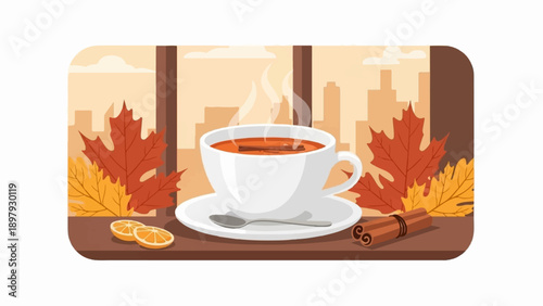Steaming cup of spiced drink beside autumn leaves, viewed from window