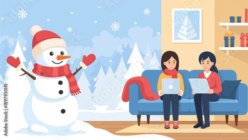 Two girls working on laptops inside while a snowman is outside