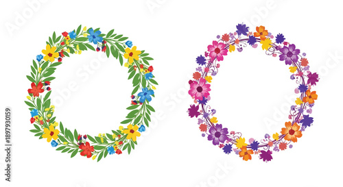 Two floral wreaths composed of colorful wildflowers and lush green foliage