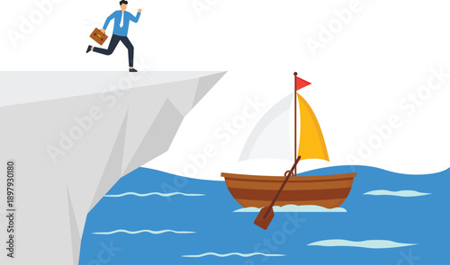 Businessman running cliff edge sailing boat blue ocean business risk career opportunity urgent decision escape route future planning corporate challenge new beginning
