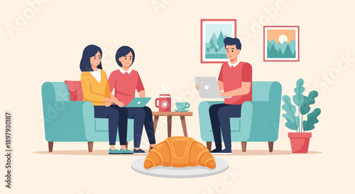 Three people on couches with laptops, coffee, and a croissant