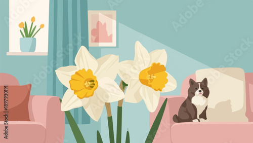 Two large daffodils bloom next to a cute dog on a pink couch