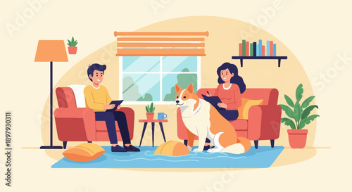 Two people and a dog relax indoors on sofas